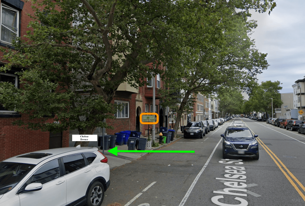 Chelsea Terrace is a small alley off to the left when you're driving North on Chelsea Street, just past Santarpio's on the right and the overpass